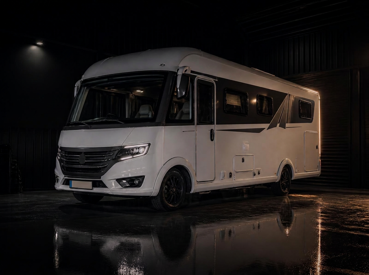 Frisch aufbereitetes Wohnmobil in einer dunklen Werkstatthalle